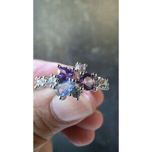 Rhinestone Silver Tone Metal Ring Size 6.75 Costume Jewelry